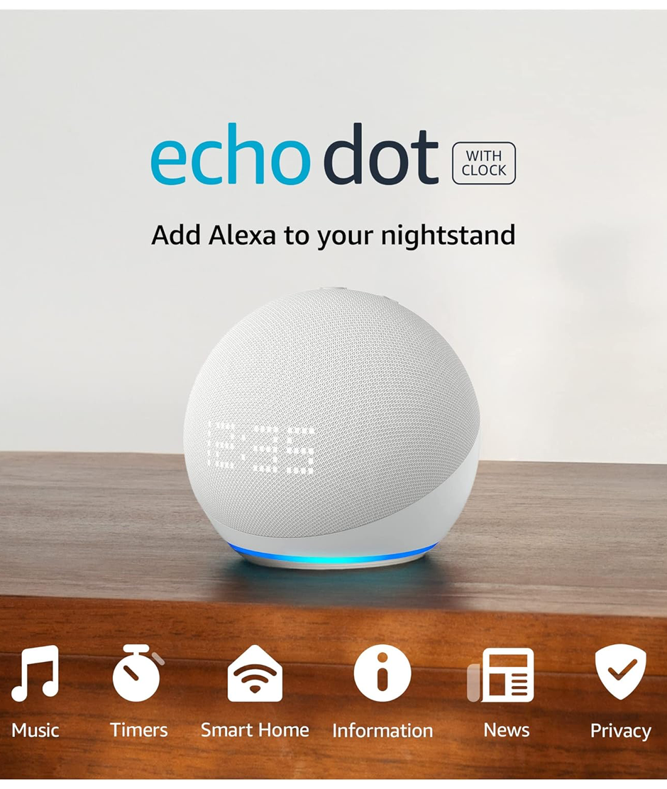 Echo Dot con reloj (5.ª generación, modelo de 2022) - Parlante inteligente con reloj - Blanco Glaciar Amazon