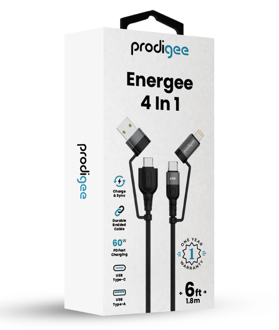 Prodigee Cable de Carga Rápida Energee 4 en 1 - USB-C + Lightning 1.8m - Negro Prodigee