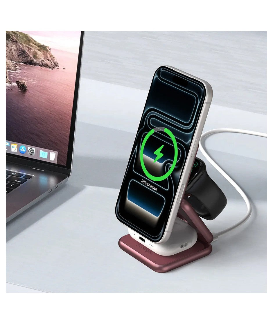Cargador Inalámbrico 3 en 1 Prodigee 3rio Plegable para iPhone, Apple Watch y AirPods - Vino