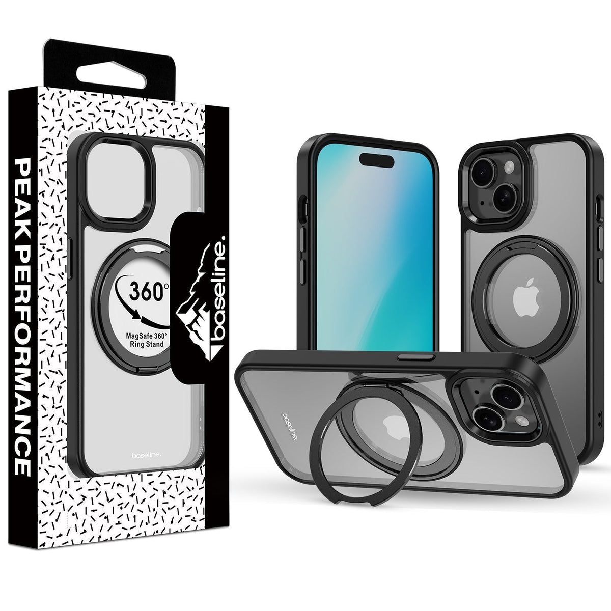 Estuche Baseline RingRound con soporte giratorio 360° MagSafe para iPhone 17e / 16e / 14 / 13 - Negro