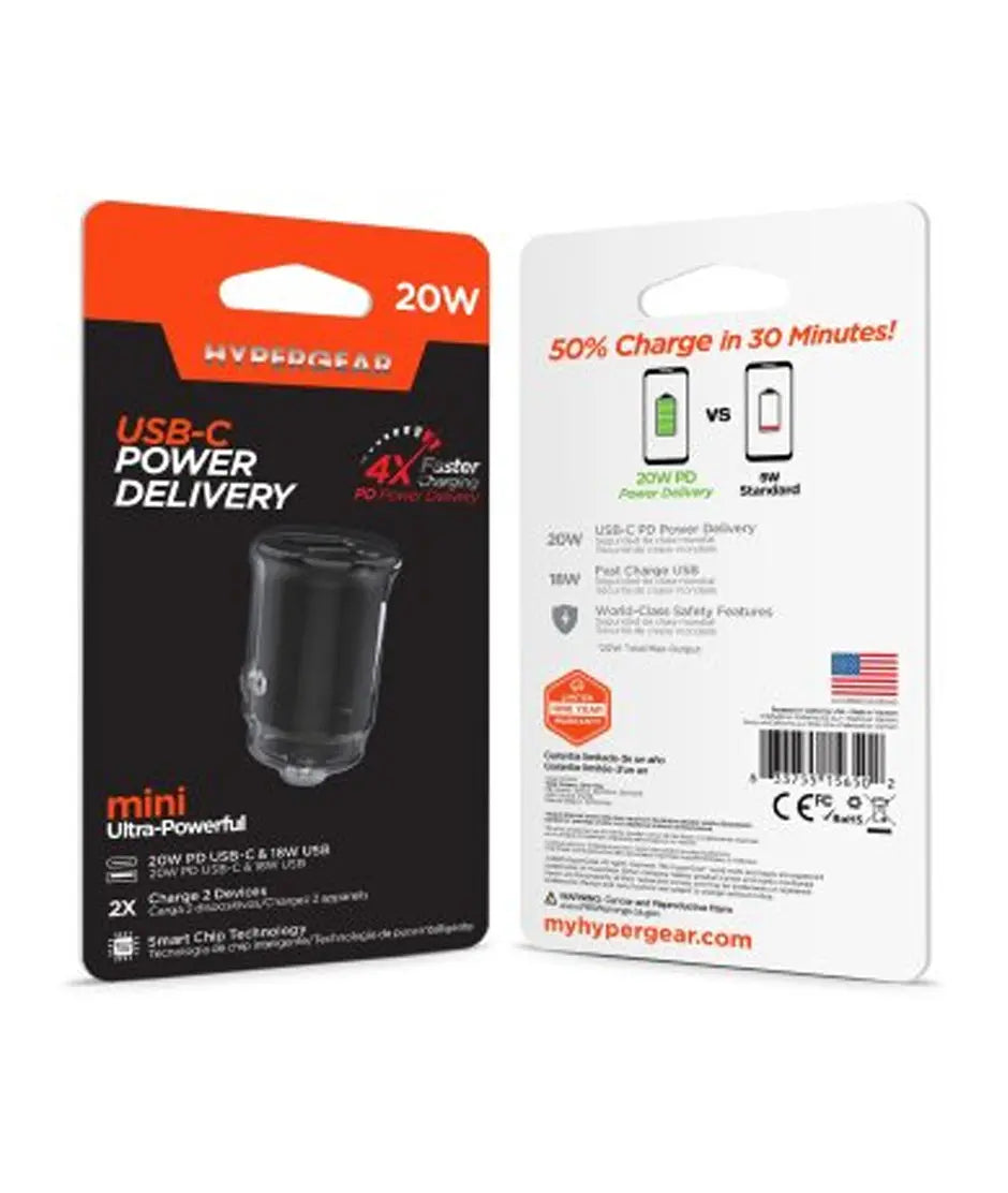 HyperGear mini 20W PD + 18W USB Car Charger Black HyperGear