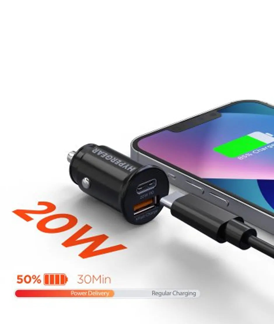 HyperGear mini 20W PD + 18W USB Car Charger Black HyperGear
