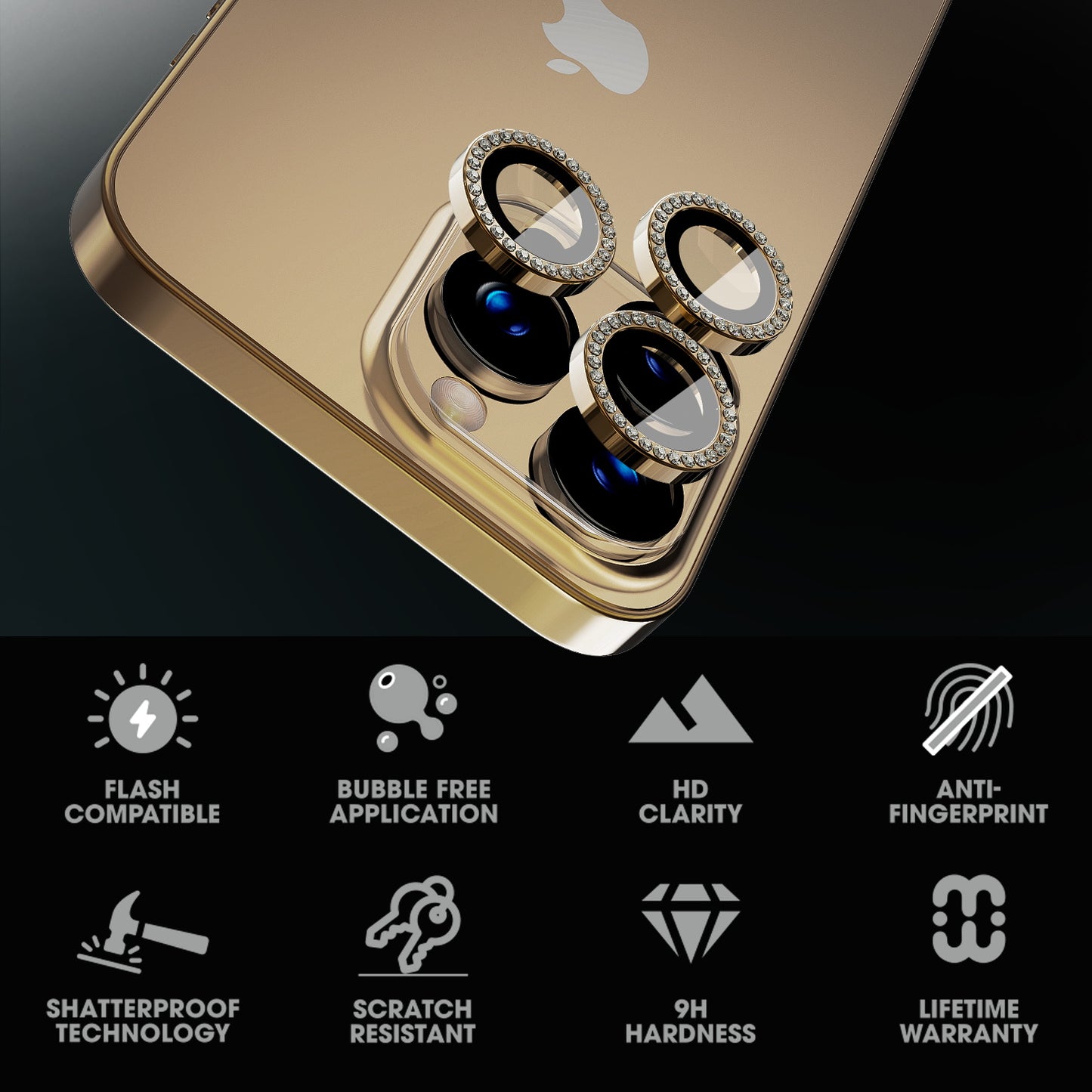 Vidrio Templado Para iPhone 14 Pro / 14 Pro Max - MyBatPro GlamCam - Gold MyBat Pro