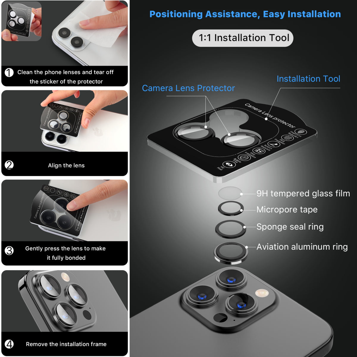 Vidrio Templado Para iPhone 15 / 15 Plus - MyBatPro GlamCam - Negro MyBat Pro