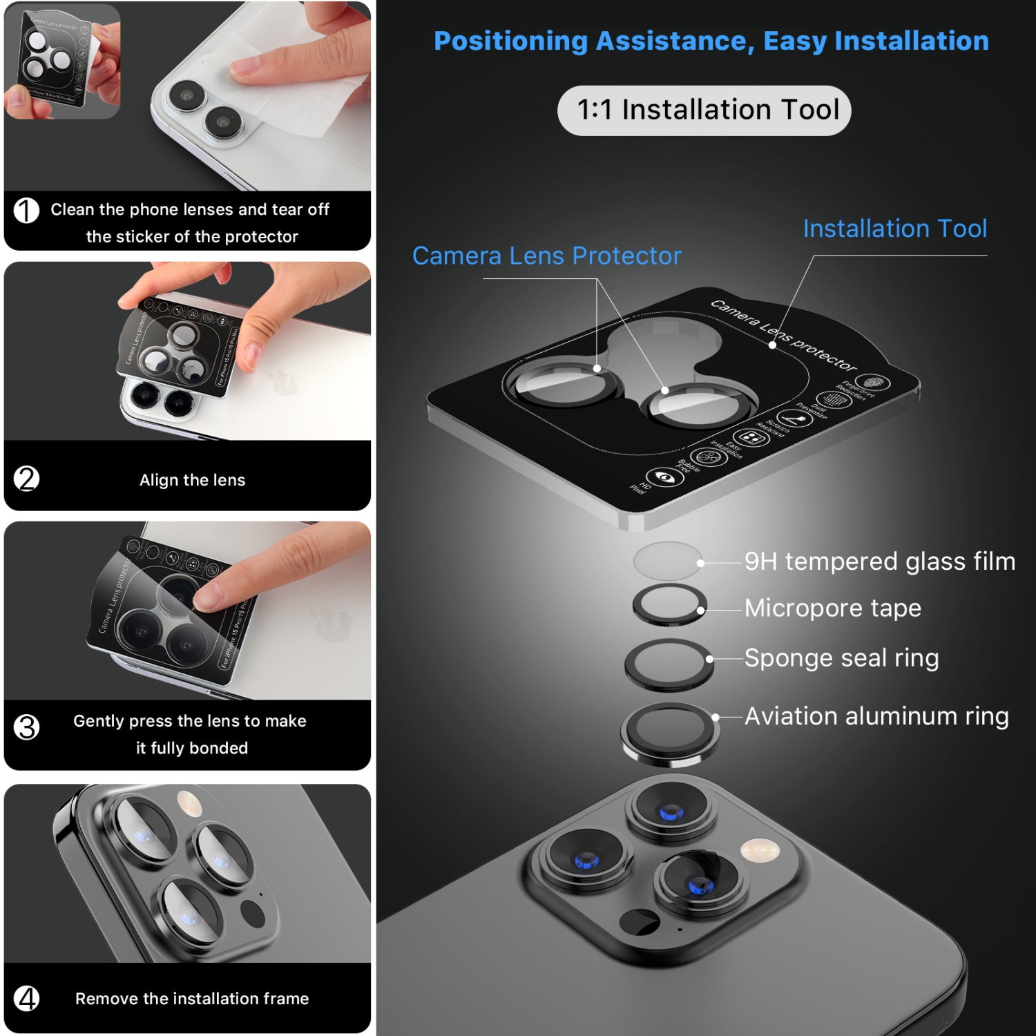 Vidrio Templado Para iPhone 15 / 15 Plus - MyBatPro GlamCam - Negro MyBat Pro