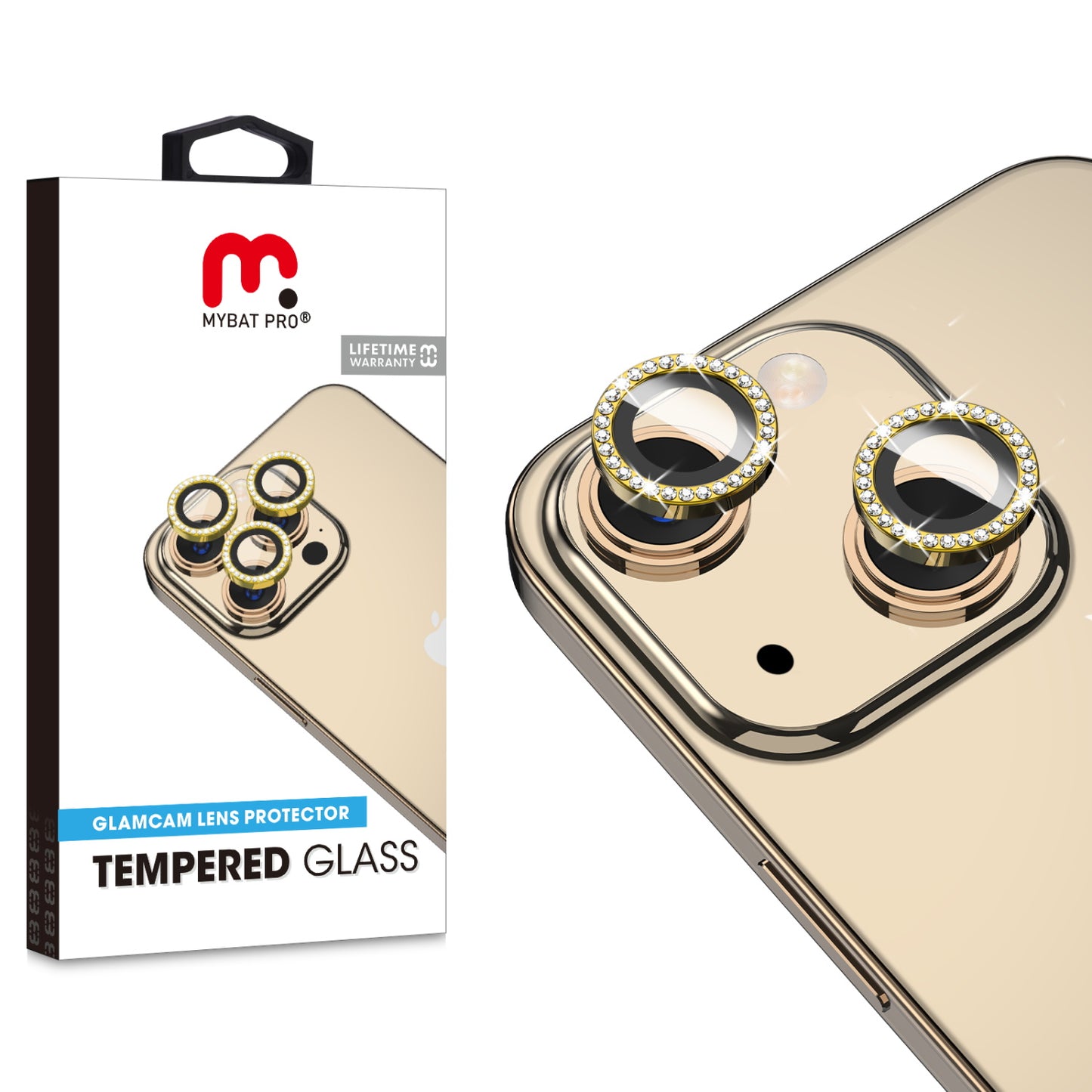 Vidrio Templado Para iPhone 15/15 Plus - MyBatPro GlamCam - Gold MyBat Pro