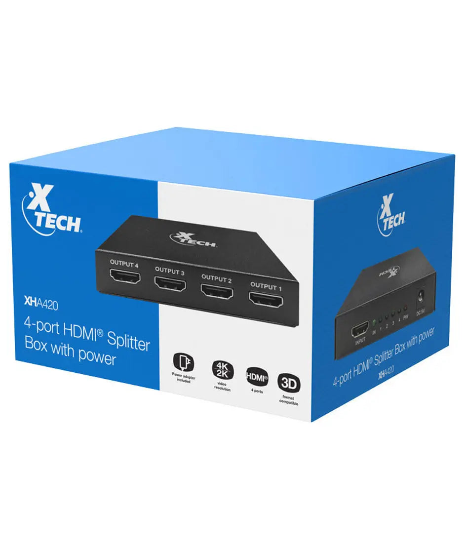 Xtech 4-port HDMI Splitter Box with power XHA-420 xtech