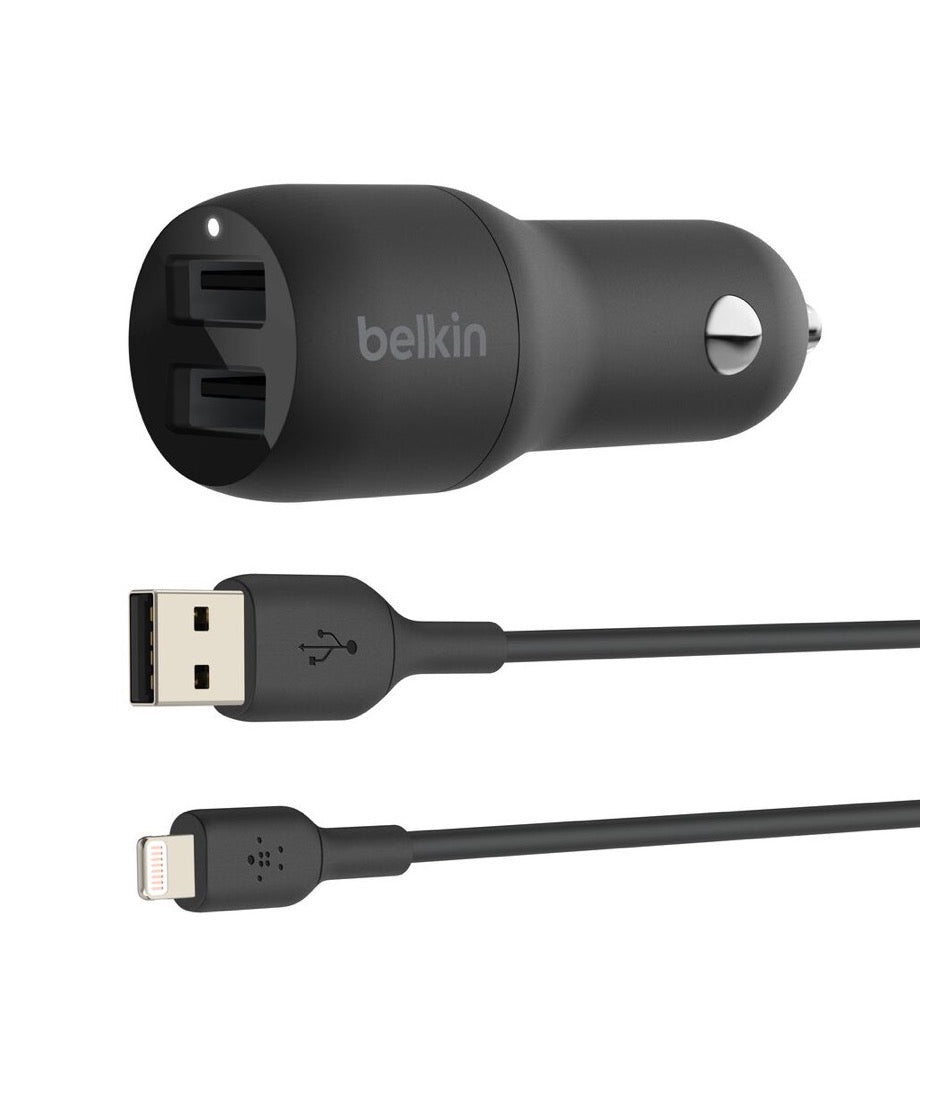 Belkin Cargador Para Automóvil Dual USB-A 24 Vatios + USB-A a Cable Lightning BOOST ↑ CHARGE ™ Color Negro
