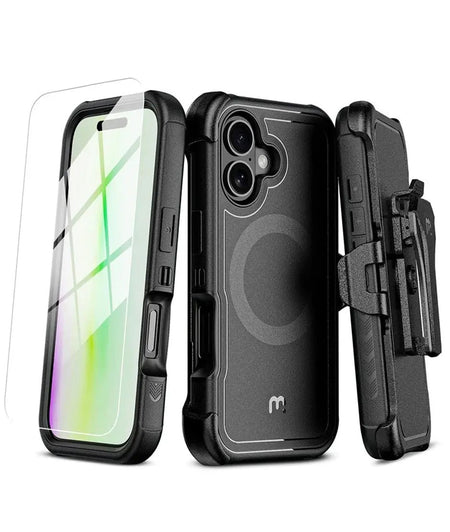 iPhone 17 Estuche MyBat Pro Maverick Series MagSafe Case w/ Holster and Tempered Glass - Black MyBat