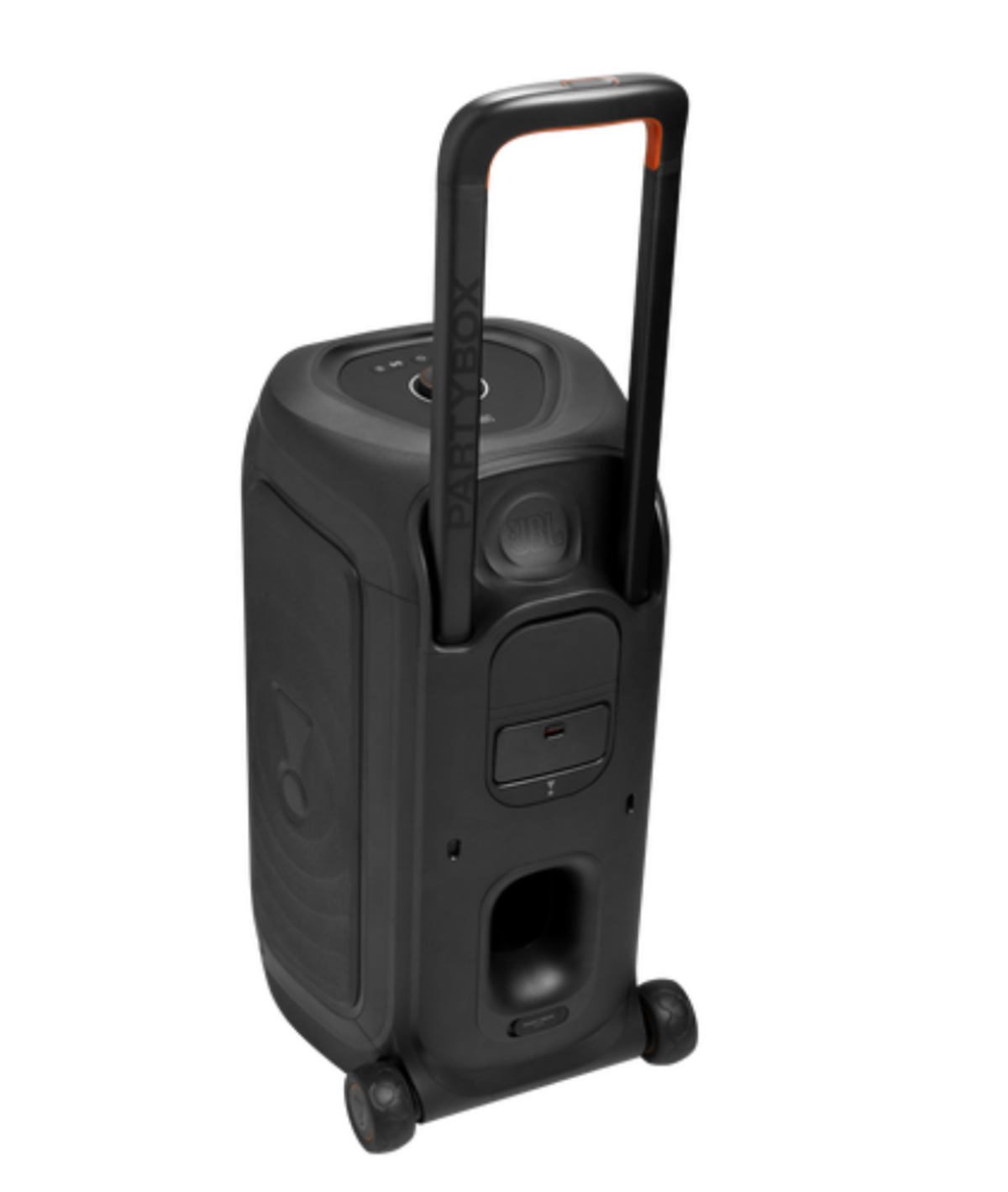 Vista trasera del JBL PartyBox 330 con manija extendida y ruedas